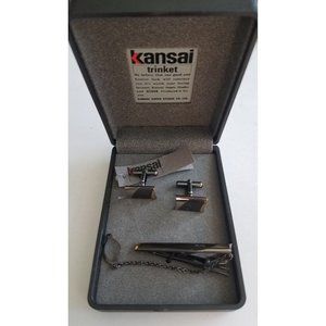 New Cuff Links and Tie Bar Gold and Silver Tone on Black, Kansai Trinket